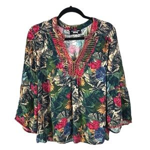 Johnny Was Workshop Tropical Print Viscose Embroidered Top Size Medium